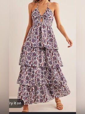 Boden ruched Tiered Maxi Dress with Paisley Print - White, Navy & Red